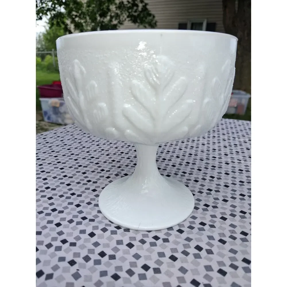 Vintage 1978 FTD White Milk Glass Oak Leaf Pattern Pedestal Compote Bowl